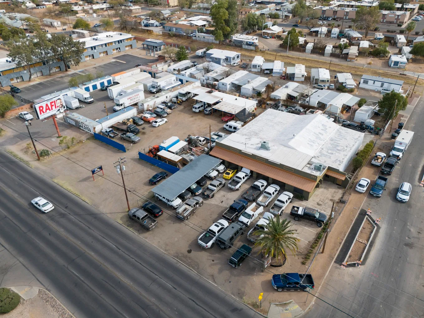 Aerial view of Goldie's Diesel shop in Tucson AZ, full service lot